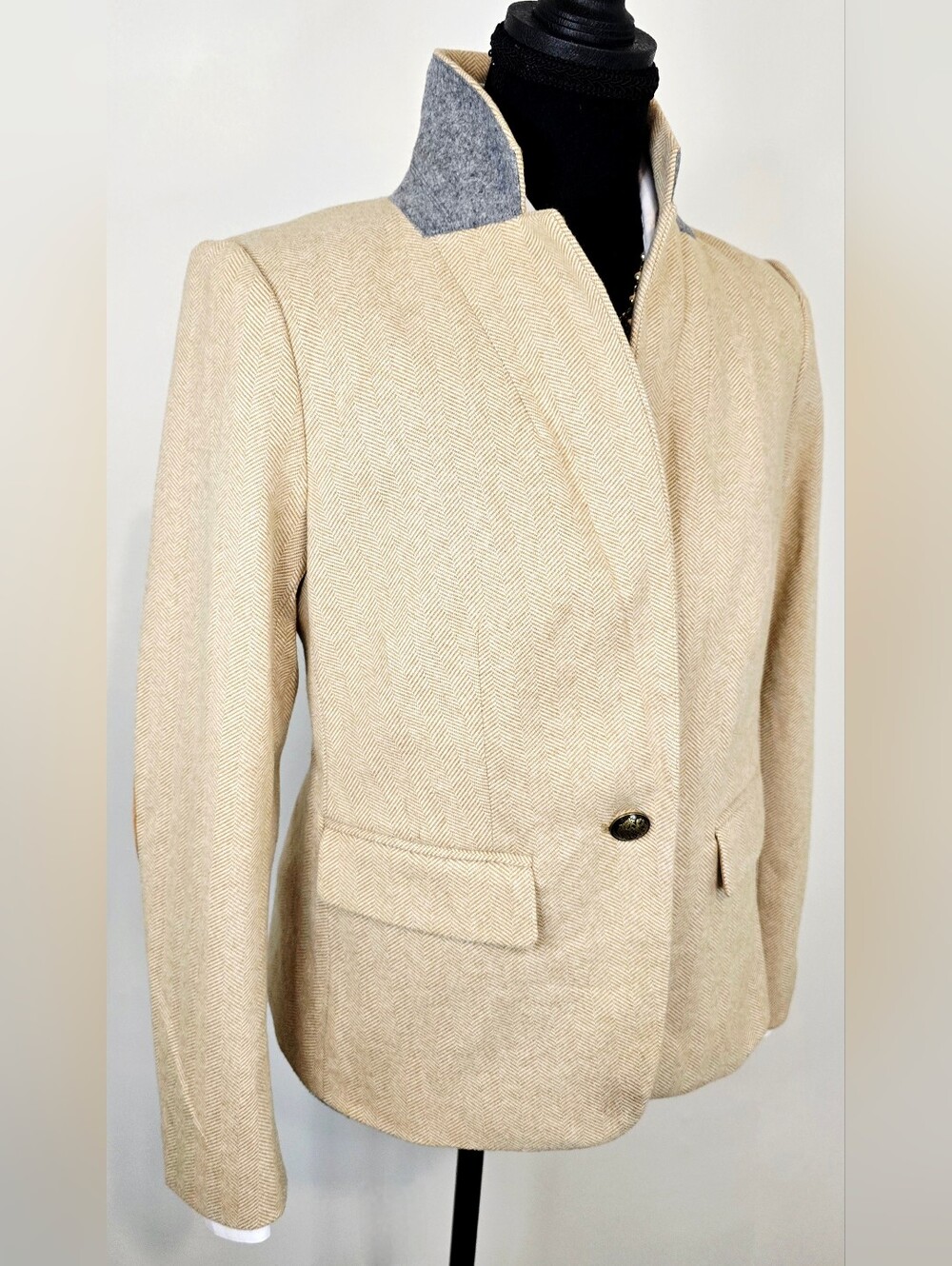 LOFT Petite Herringbone Blazer Suede Elbow Patch Academia Preppy Teacher Jacket - Picture 11 of 13